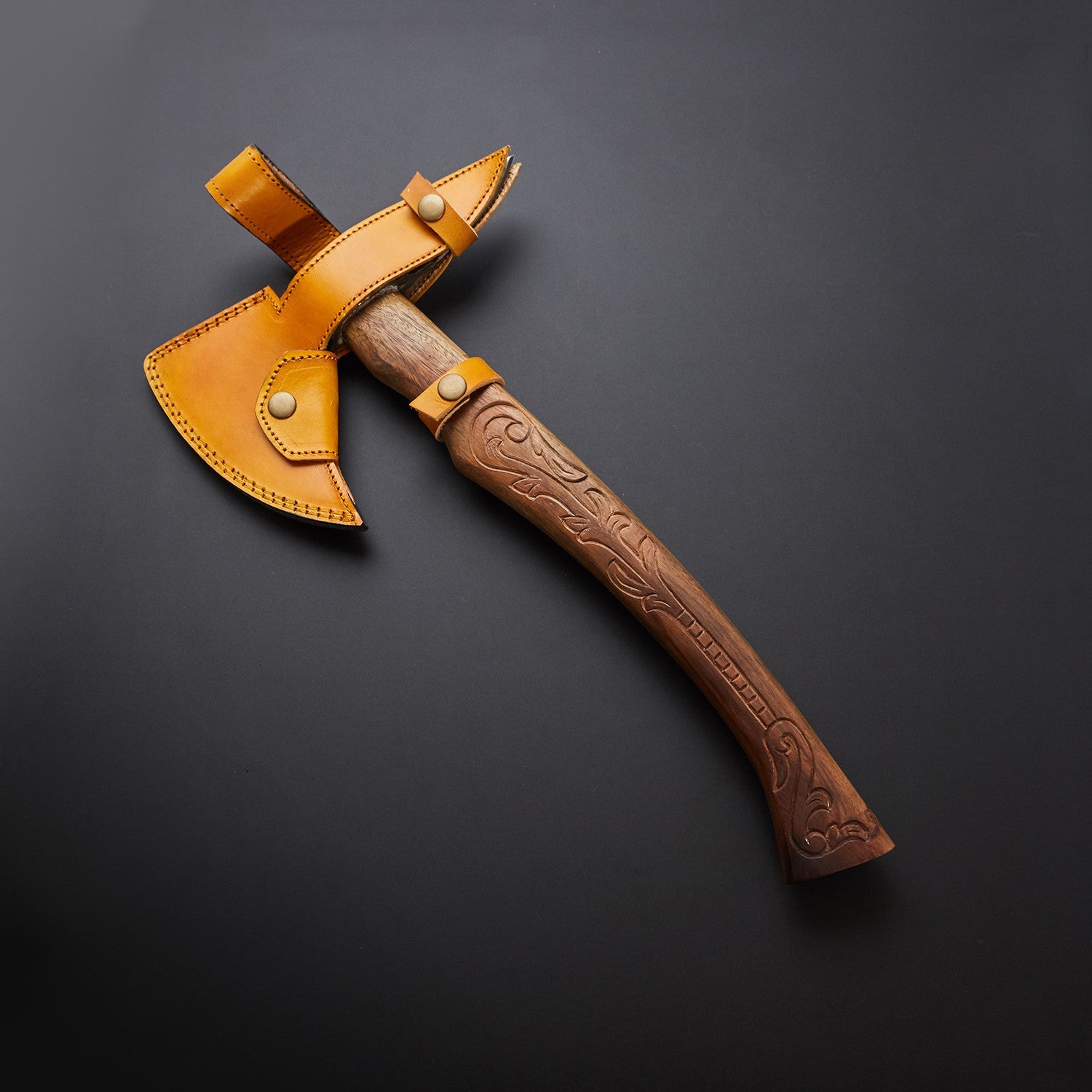 🪓 Hand-Forged Damascus Steel Viking Axe with Carved Wooden Handle & Yellow Leather Sheath 🪓 Knives Craft