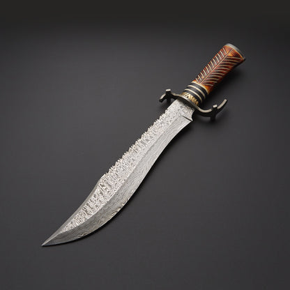 Handmade Damascus Steel Bowie Knife with Engraved Handle & Leather Sheath Knives Craft