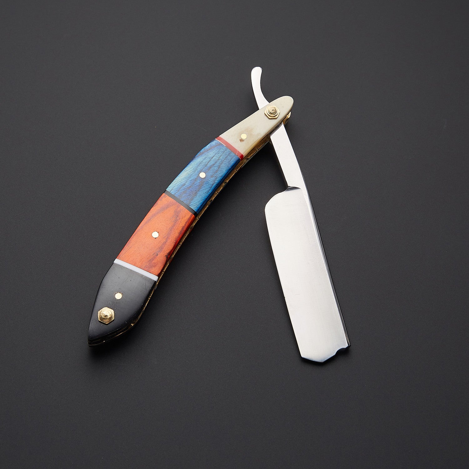 Damascus Steel Straight Razor Folding Knife Colorful Wooden Handle, Leather Sheath Knives Craft