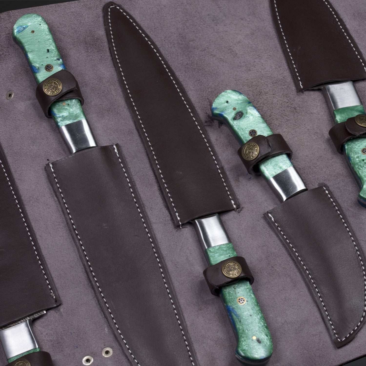 7-Piece Damascus Steel Chef Knife Set with Leather Roll Bag - knivescraft