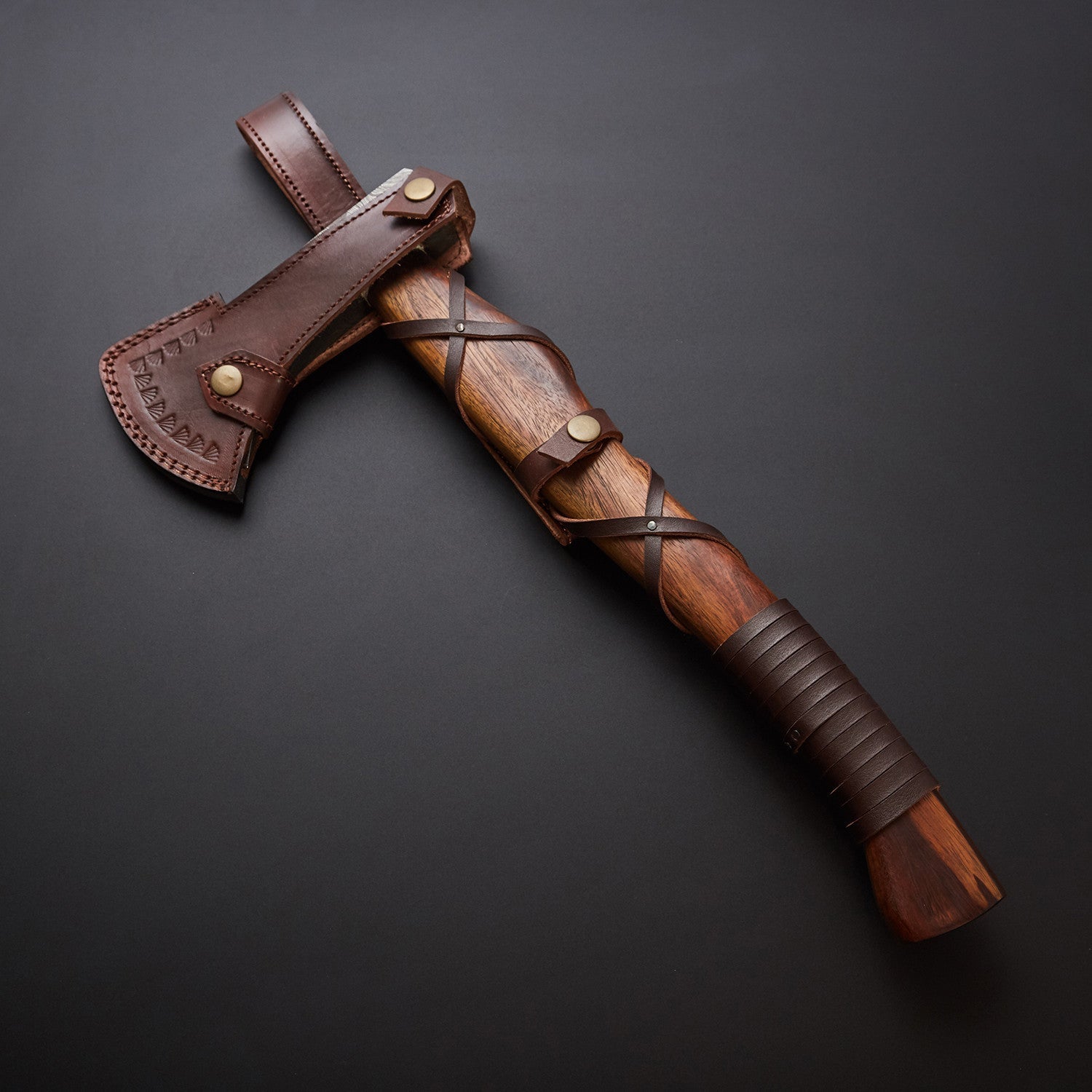 🪓 Hand-Forged Damascus Steel Viking Axe with Wooden Handle & Brown Leather Sheath 🪓 Knives Craft