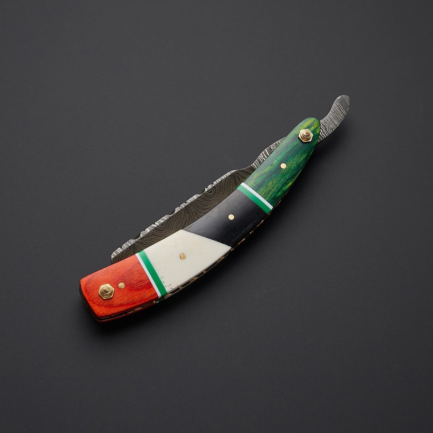 Damascus Steel Straight Razor Folding Knife – Colorful Wooden Handle, Leather Sheath Knives Craft