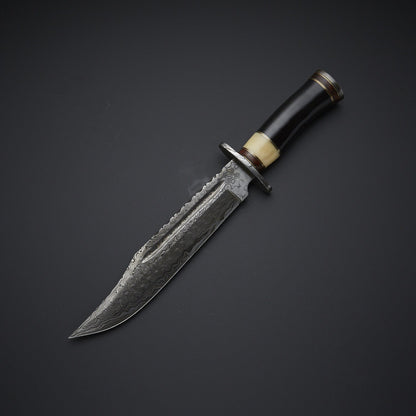 Handmade Damascus Steel Hunting Knife with Horn Handle &amp; Leather Sheath Knives Craft