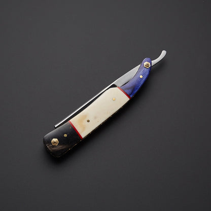Damascus Steel Straight Razor Folding Knife  Artistic Wooden Handle, Leather Sheath Knives Craft