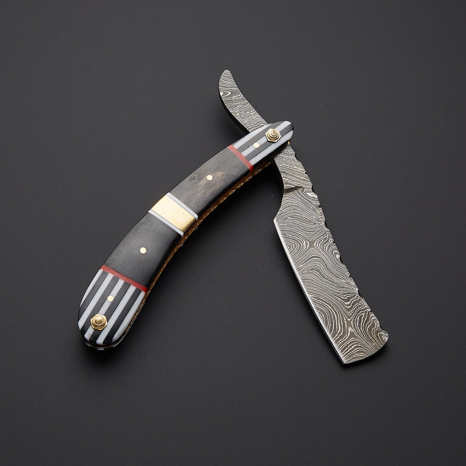 Damascus Steel Straight Razor Folding Knife Elegant Striped Handle, Leather Sheath Knives Craft