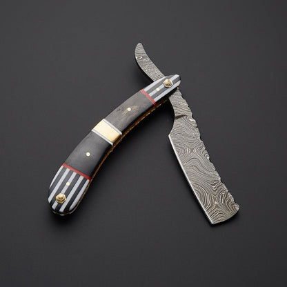 Damascus Steel Straight Razor Folding Knife Elegant Striped Handle, Leather Sheath Knives Craft