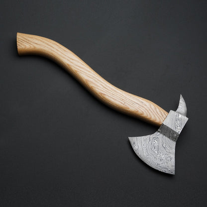 Hand-Forged Damascus Steel Viking Axe with Ash Wood Handle & Leather Sheath Knives Craft