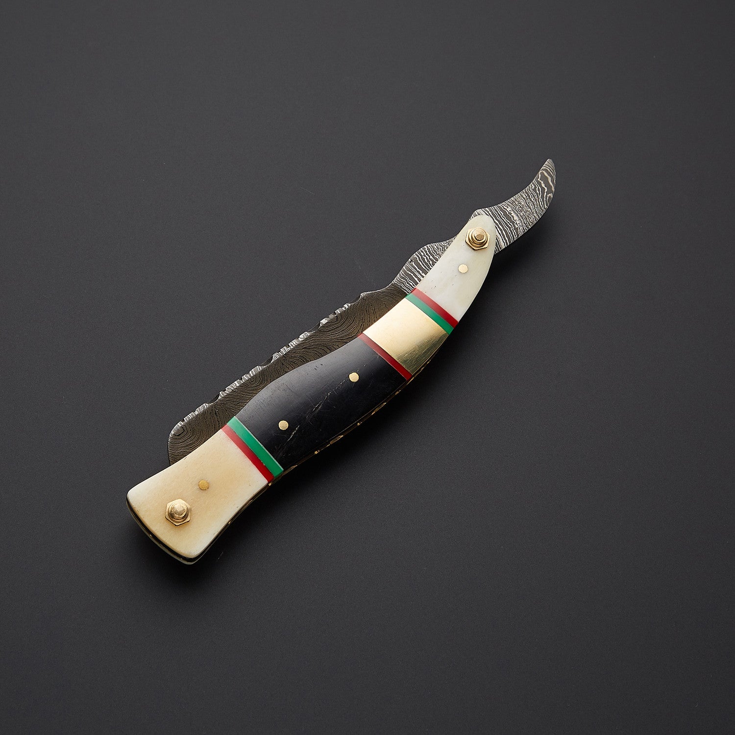 Damascus Steel Straight Razor Folding Knife  Colorful Wooden Handle, Leather Sheath Knives Craft