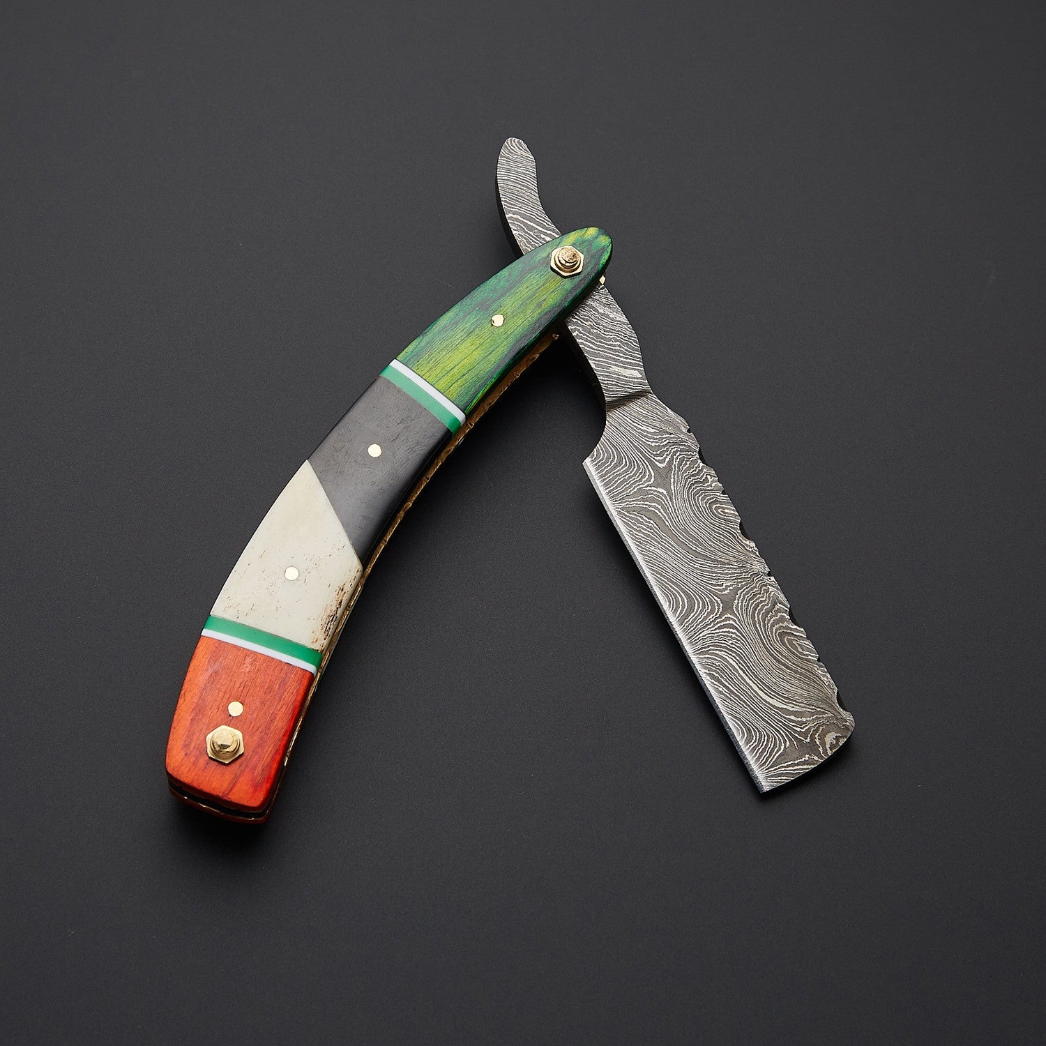 Damascus Steel Straight Razor Folding Knife – Colorful Wooden Handle, Leather Sheath Knives Craft