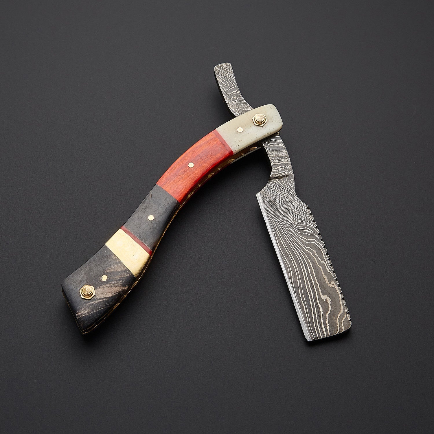 Damascus Steel Straight Razor Folding Knife  Vibrant Wooden Handle, Leather Sheath Knives Craft