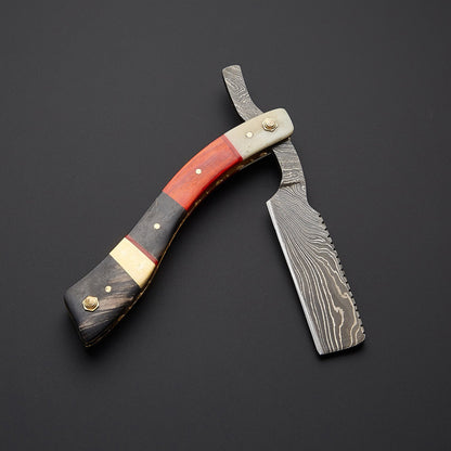 Damascus Steel Straight Razor Folding Knife  Vibrant Wooden Handle, Leather Sheath Knives Craft