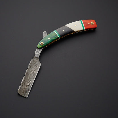 Damascus Steel Straight Razor Folding Knife – Colorful Wooden Handle, Leather Sheath Knives Craft