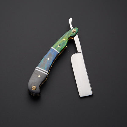 Damascus Steel Straight Razor Folding Knife Colorful Wooden Handle, Leather Sheath Knives Craft
