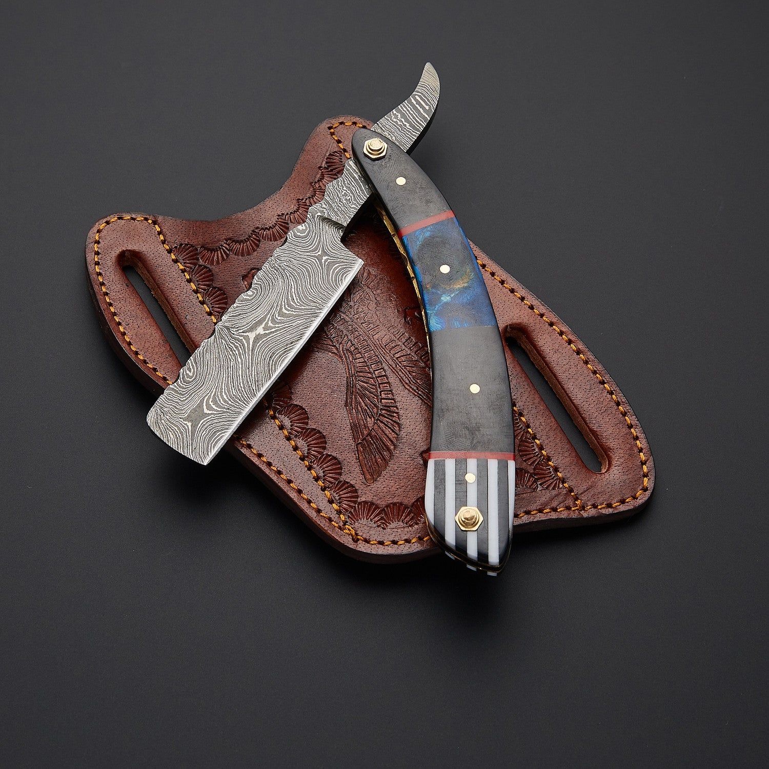 Damascus Steel Straight Razor Folding Knife Colorful Wooden Handle, Leather Sheath Knives Craft