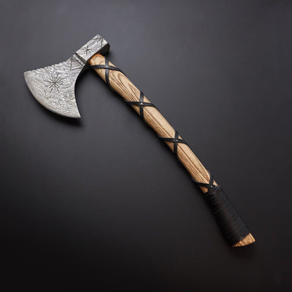 🪓 Hand-Forged Damascus Steel Viking Axe with Wrapped Wooden Handle & Leather Sheath 🪓 Knives Craft