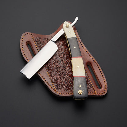 Damascus Steel Straight Razor Folding Knife Elegant Wooden Handle, Leather Sheath Knives Craft