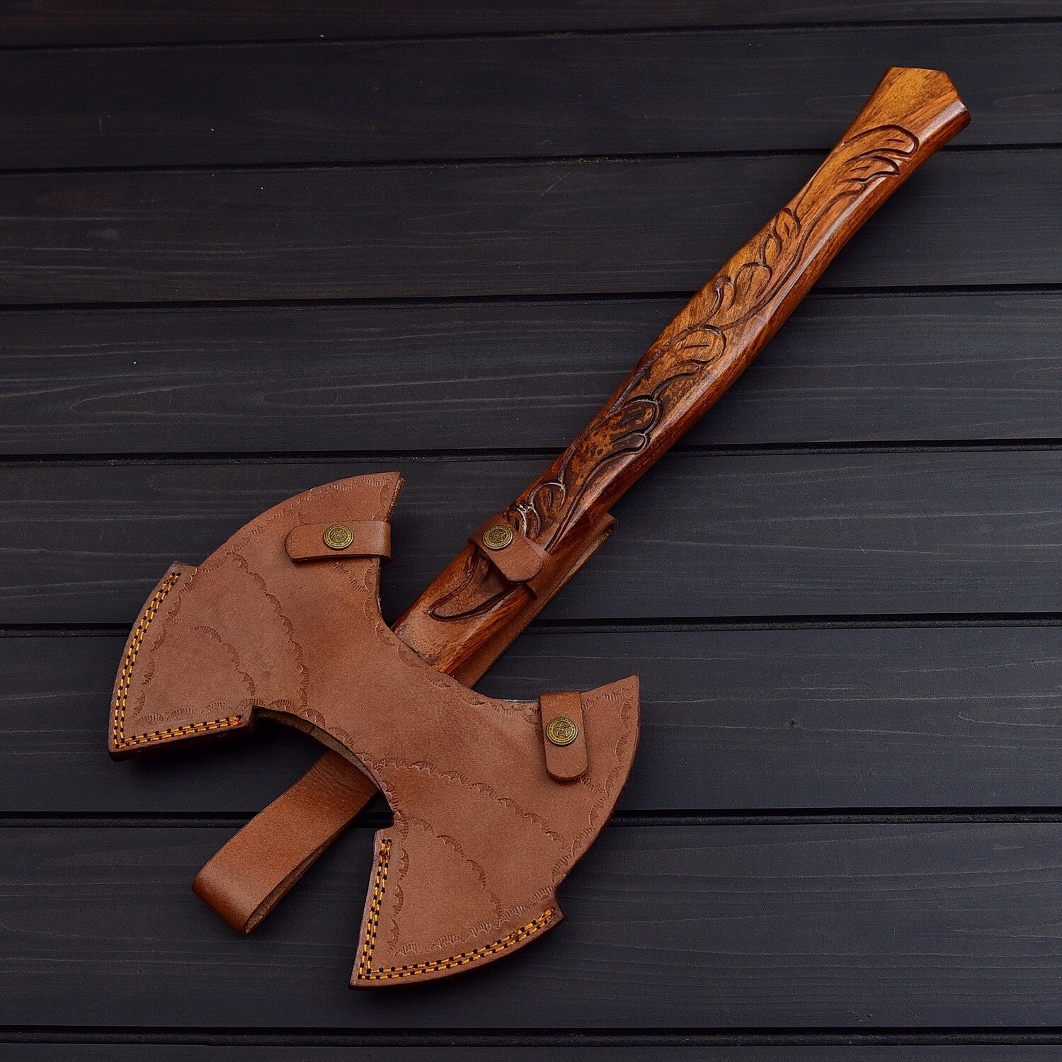Hand-Forged Double Headed Viking Axe – Damascus Steel with Carved Handle &amp; Leather Sheath Knives Craft
