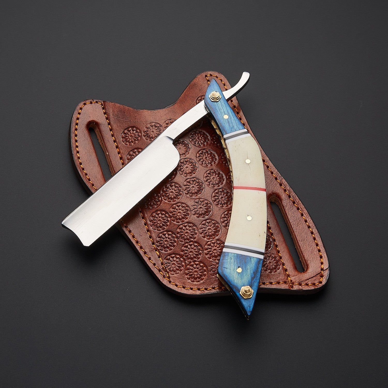 Damascus Steel Straight Razor Folding Knife Colorful Wooden Handle, Leather Sheath Knives Craft