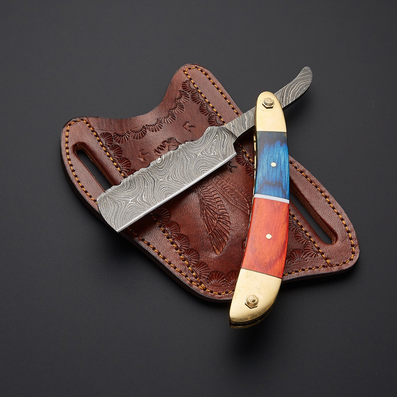Damascus Steel Folding Knife Vibrant Wooden Handle, Leather Sheath Knives Craft