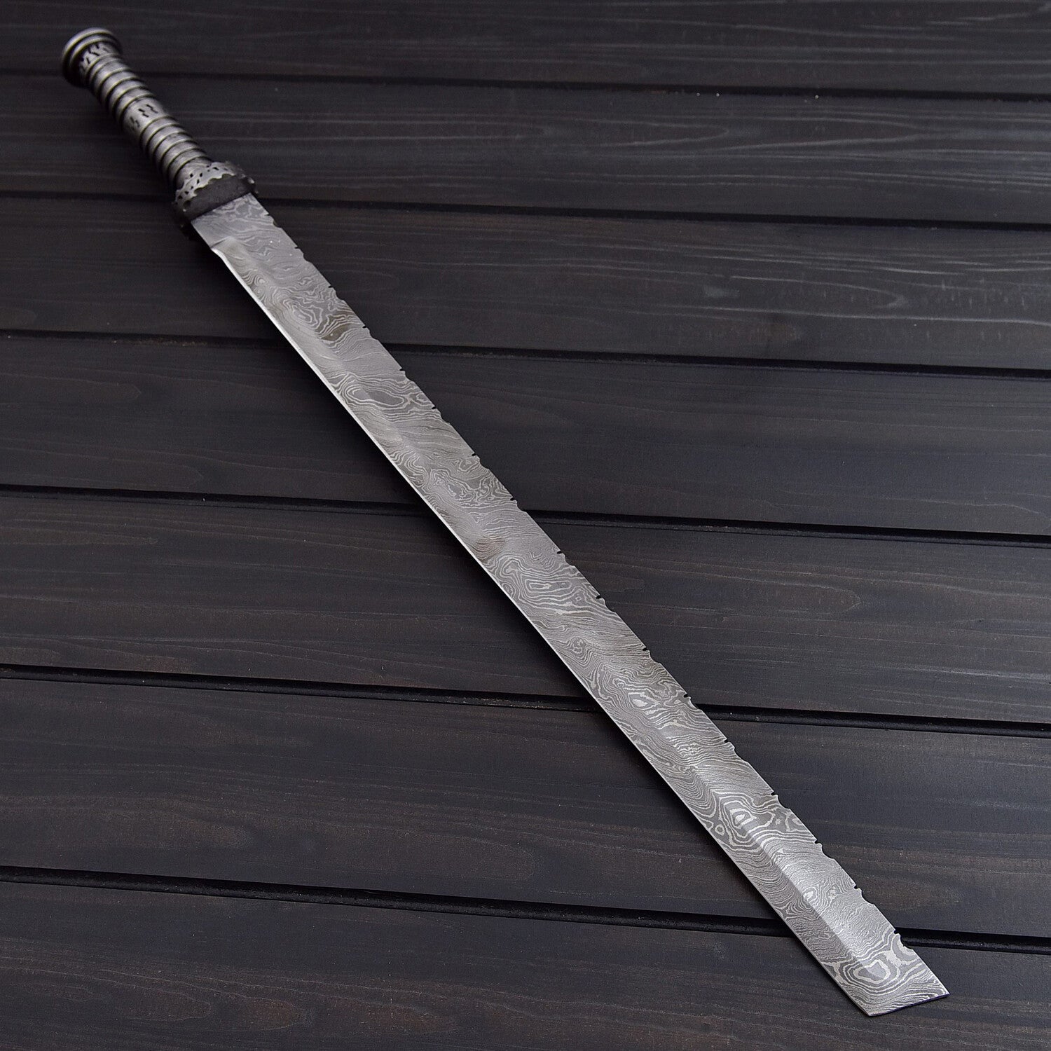 Handmade Damascus Steel Straight Sword with Leather Sheath Knives Craft