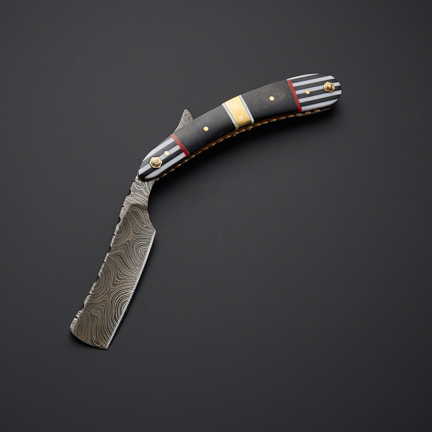 Damascus Steel Straight Razor Folding Knife Elegant Striped Handle, Leather Sheath Knives Craft