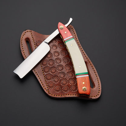 Damascus Steel Straight Razor Folding Knife Vibrant Wooden Handle, Leather Sheath Knives Craft