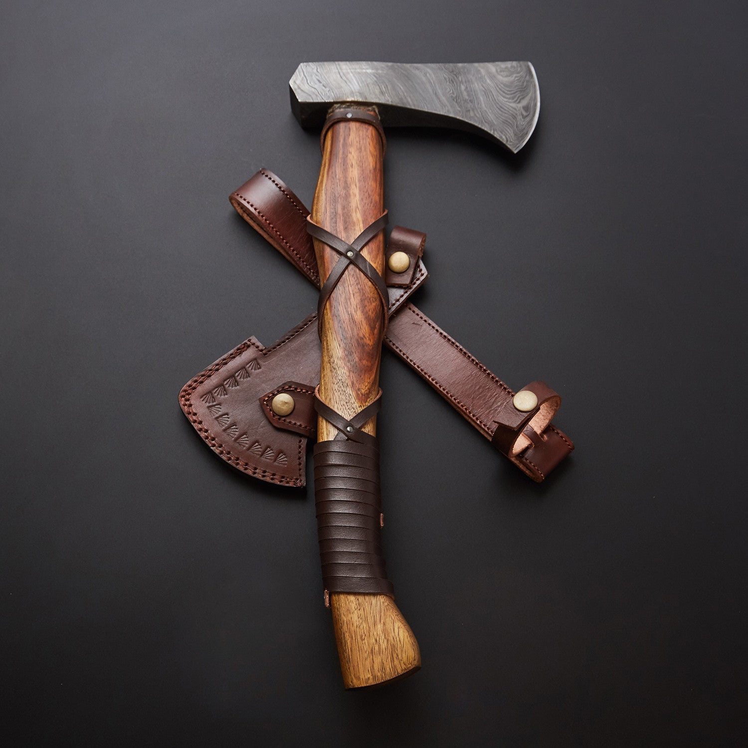 🪓 Hand-Forged Damascus Steel Viking Axe with Wooden Handle & Brown Leather Sheath 🪓 Knives Craft