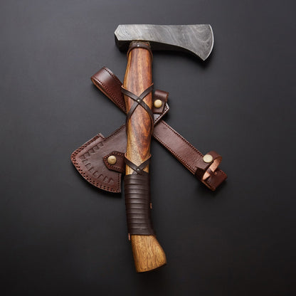 🪓 Hand-Forged Damascus Steel Viking Axe with Wooden Handle & Brown Leather Sheath 🪓 Knives Craft