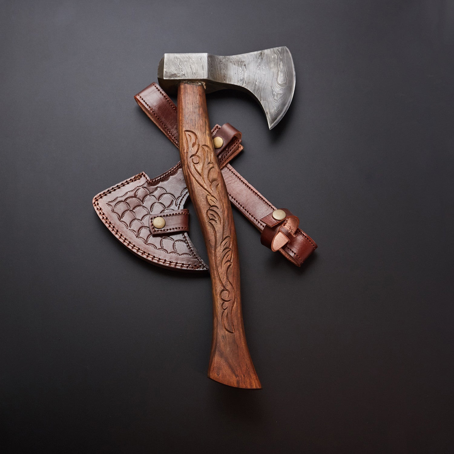 🪓 Hand-Forged DamascusSteel Viking Axe with Carved Wooden Handle & Leather Sheath 🪓 Knives Craft