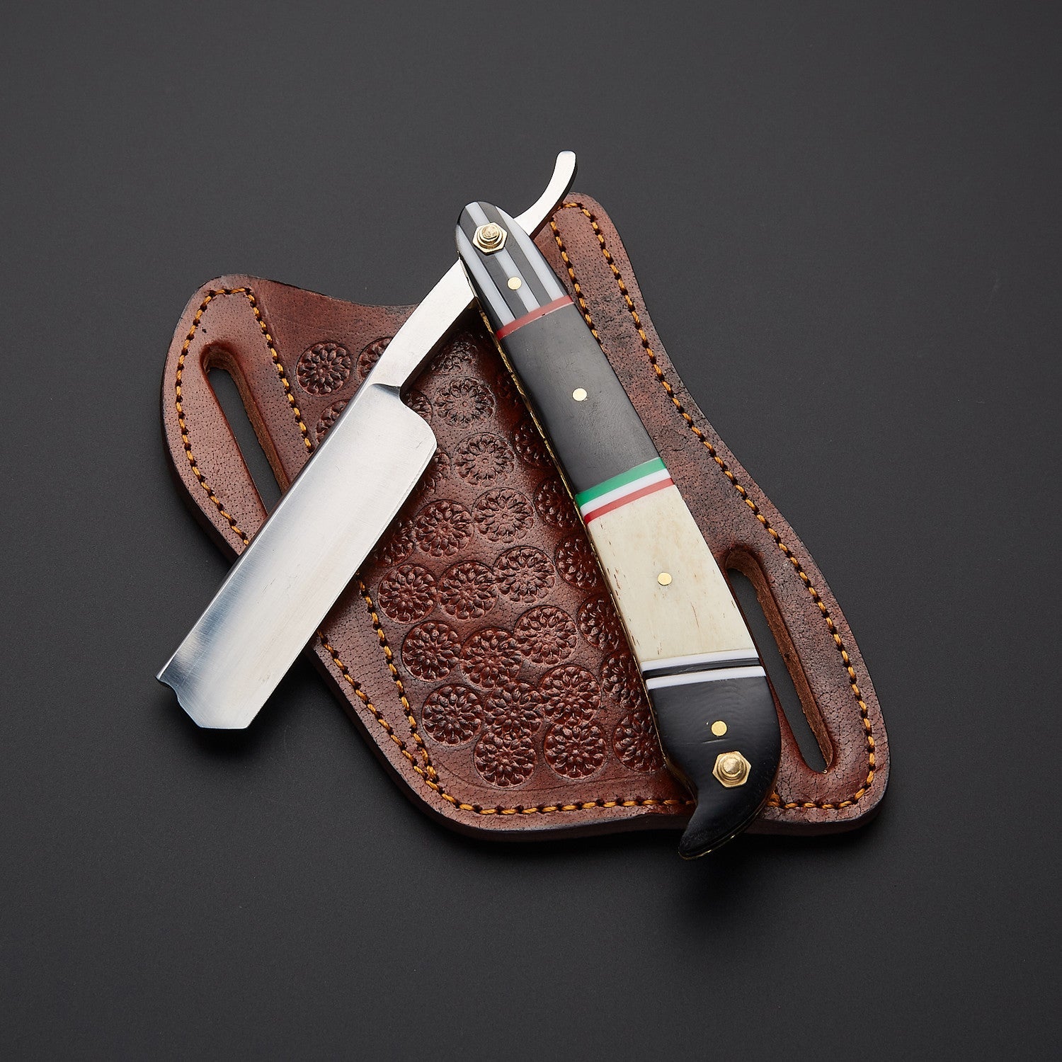 Damascus Steel Straight Razor Folding Knife Elegant Wooden Handle, Leather Sheath Knives Craft