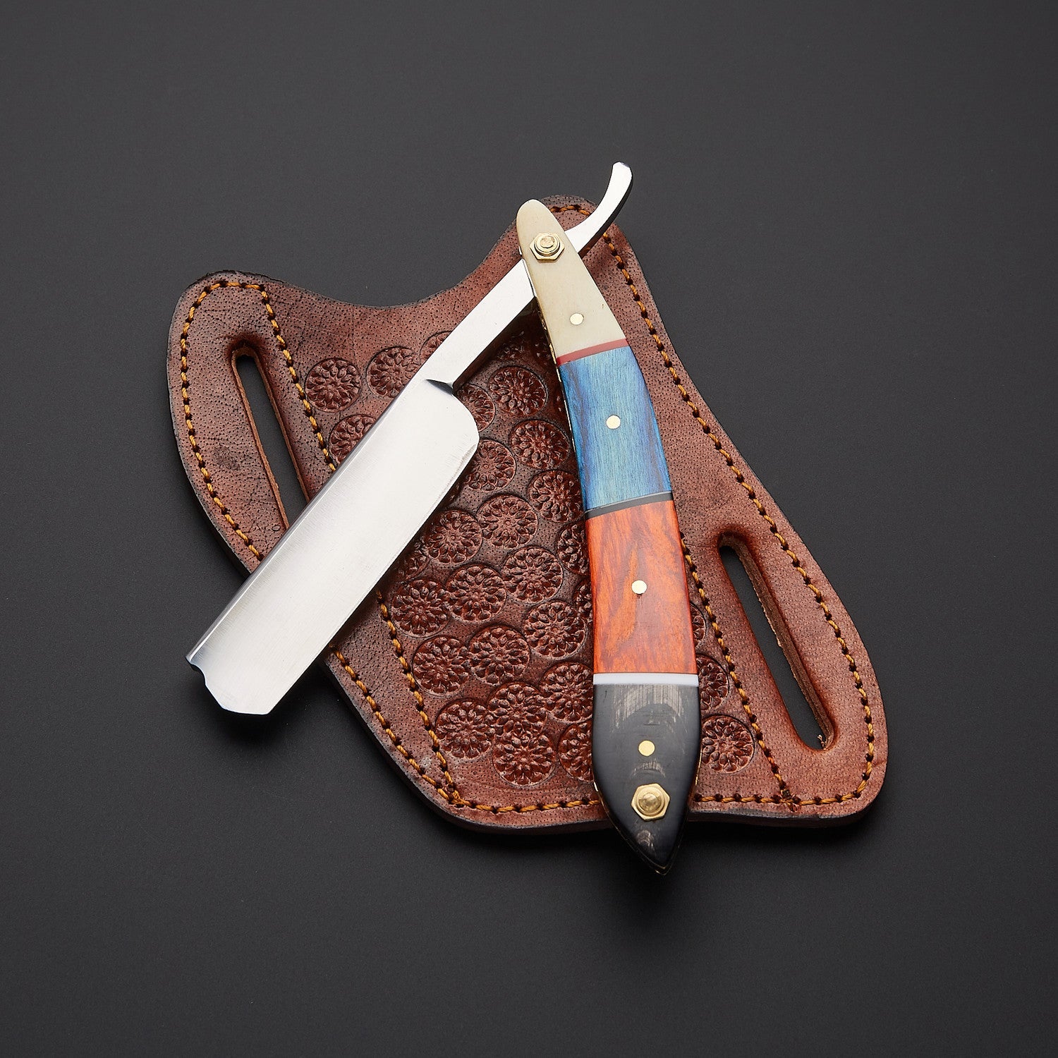 Damascus Steel Straight Razor Folding Knife Colorful Wooden Handle, Leather Sheath Knives Craft