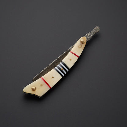 Damascus Steel Straight Razor Folding Knife Colorful Wooden Handle, Leather Sheath Knives Craft
