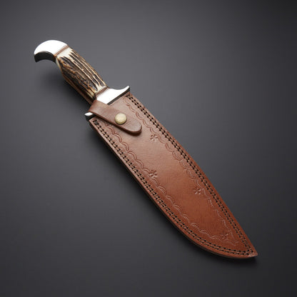 Premium Bowie Hunting Knife with Stag Handle & Leather Sheath Knives Craft