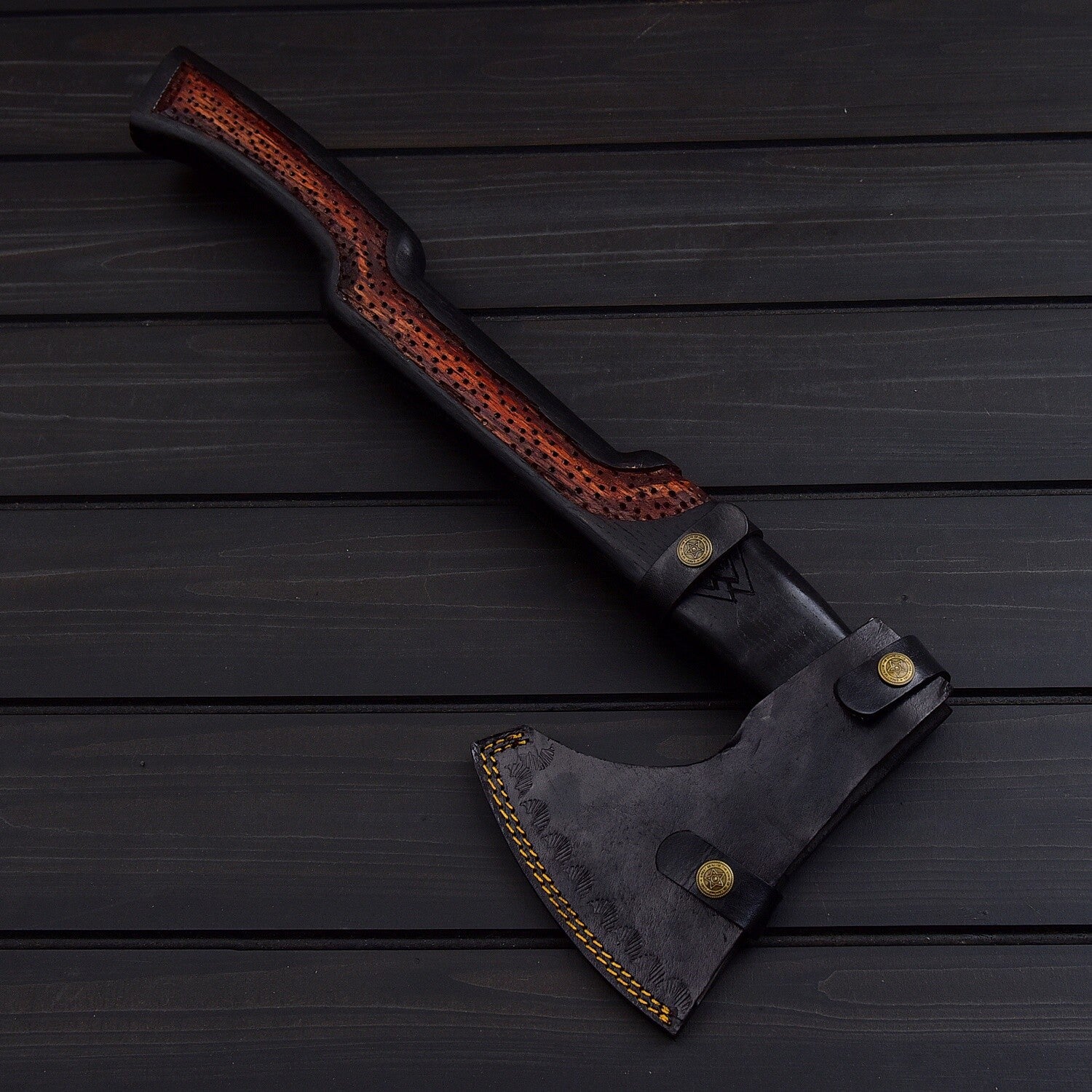 Handmade Viking Axe with Carved Handle & Leather Sheath – Norse Design Knives Craft