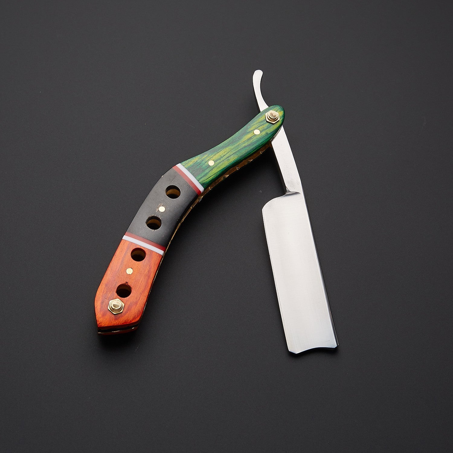Damascus Steel Straight Razor Folding Knife Colorful Wooden Handle, Leather Sheath Knives Craft