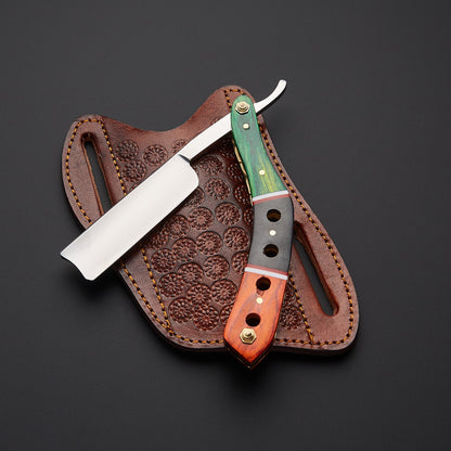 Damascus Steel Straight Razor Folding Knife Colorful Wooden Handle, Leather Sheath Knives Craft