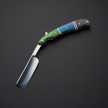 Damascus Steel Straight Razor Folding Knife Colorful Wooden Handle, Leather Sheath Knives Craft