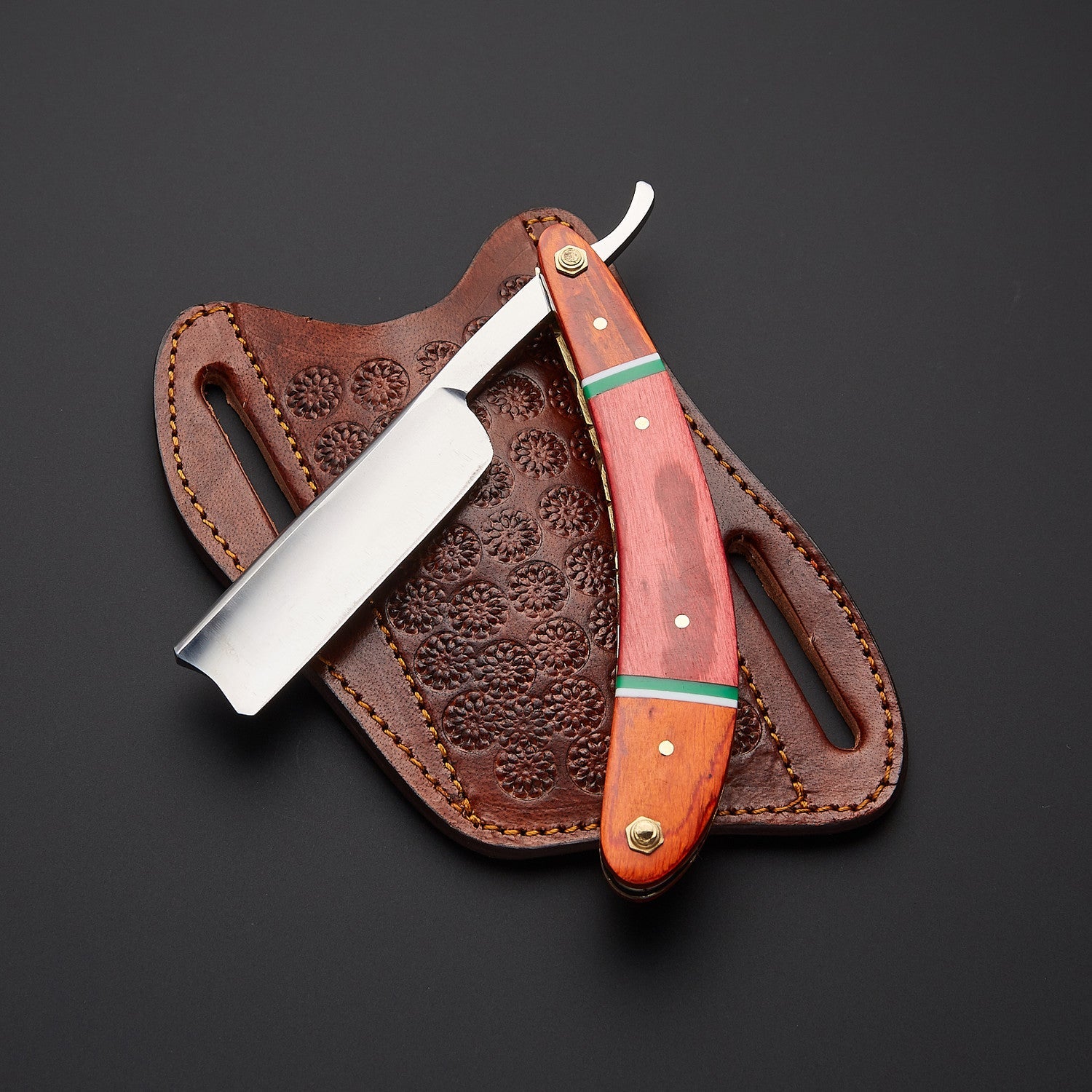Damascus Steel Straight Razor Folding Knife Stylish Wooden Handle, Leather Sheath Knives Craft