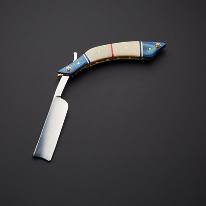 Damascus Steel Straight Razor Folding Knife Colorful Wooden Handle, Leather Sheath Knives Craft