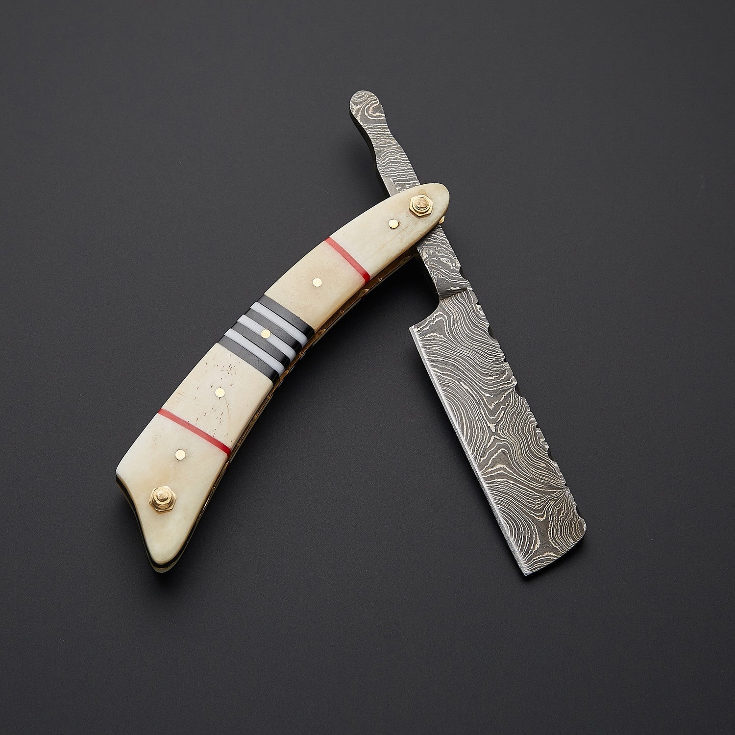 Damascus Steel Straight Razor Folding Knife Colorful Wooden Handle, Leather Sheath Knives Craft