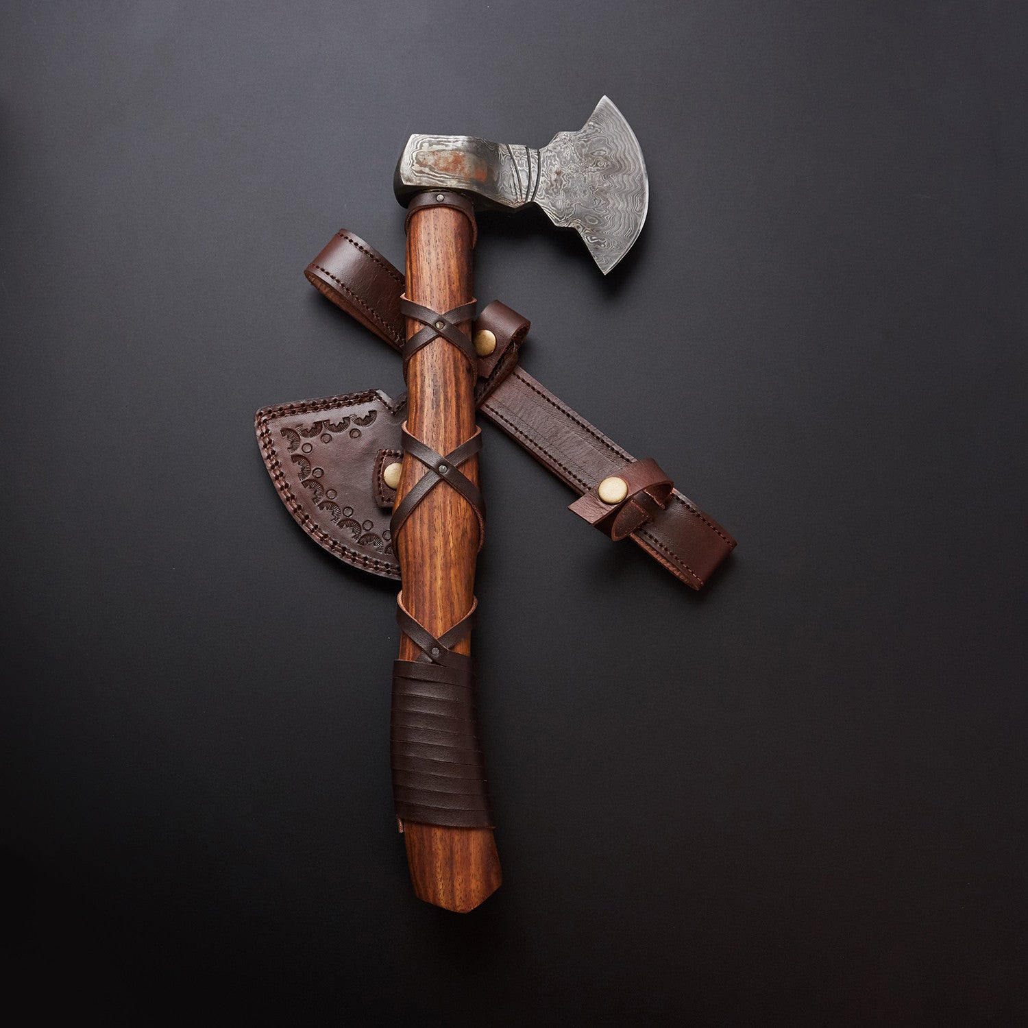 🪓 Hand-Forged Damascus Steel Viking Axe with Leather-Wrapped Wooden Handle & Brown Sheath 🪓 Knives Craft