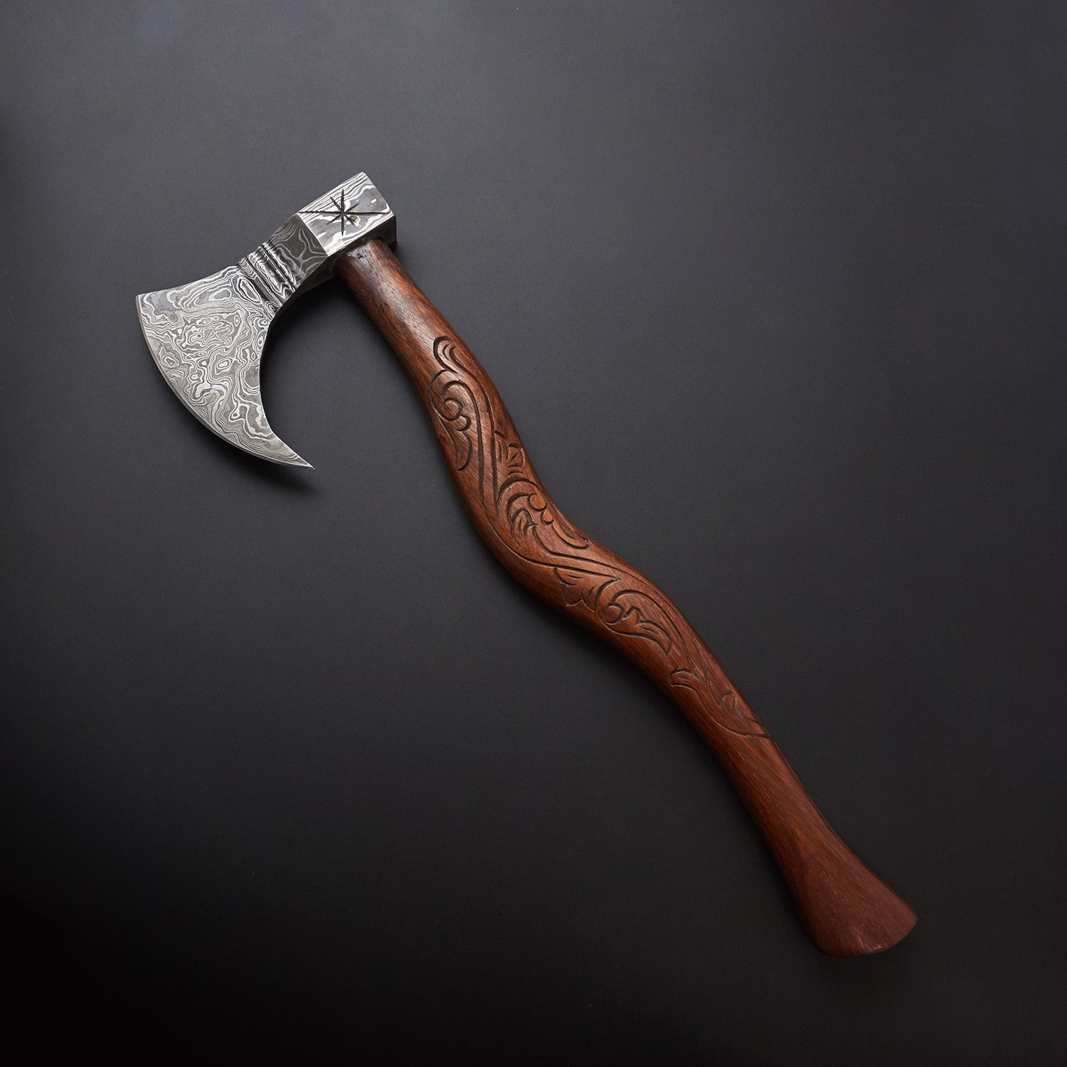 🪓 Hand-Forged Damascus Steel Viking Axe with Carved Wooden Handle & Black Leather Sheath 🪓 Knives Craft