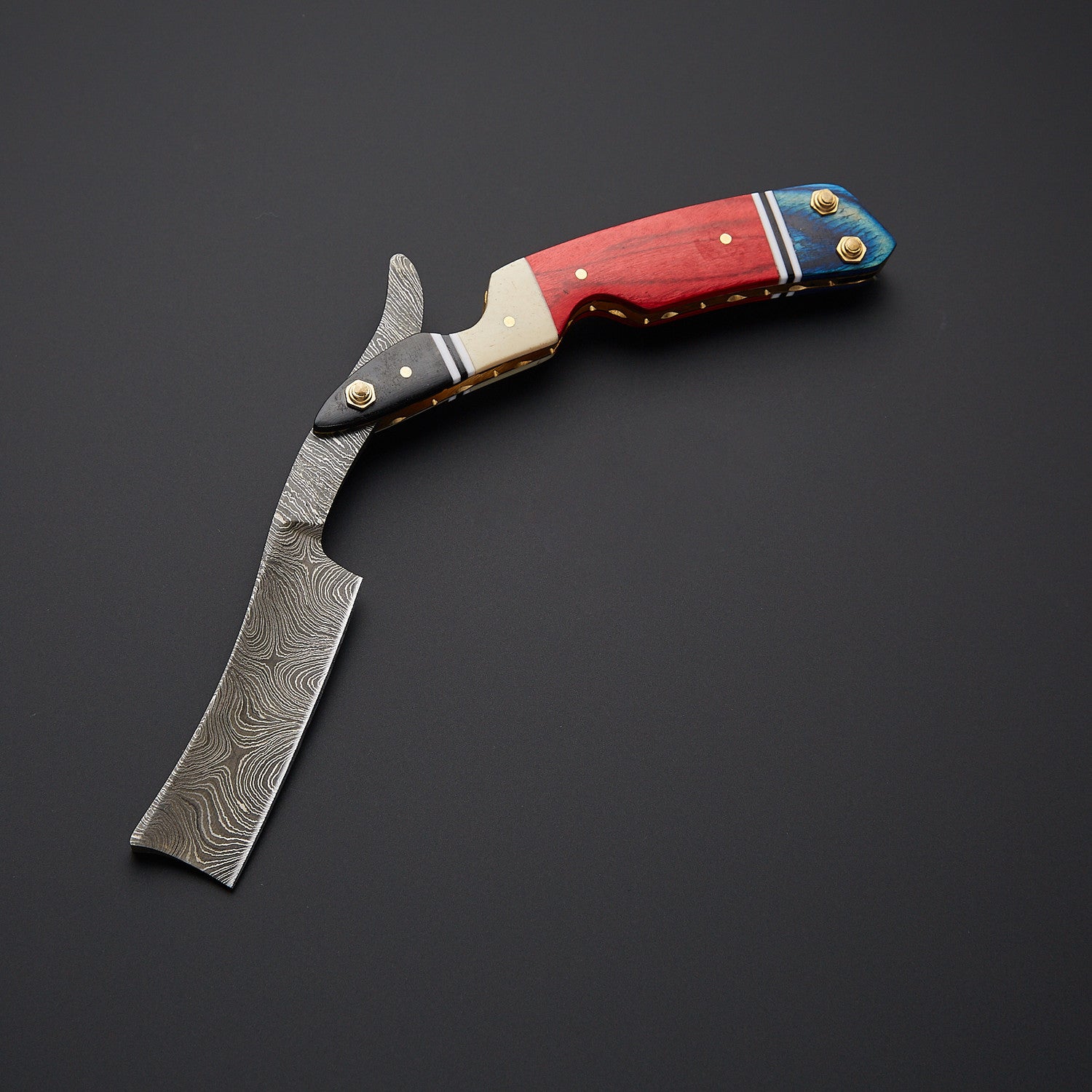 Damascus Steel Straight Razor Folding Knife Colorful Wooden Handle, Leather Sheath Knives Craft