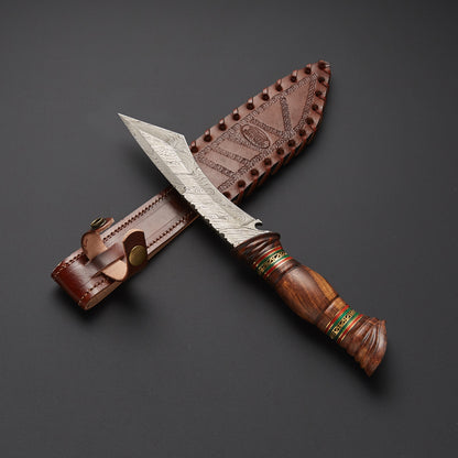 Handmade Damascus Steel Hunting Knife with Carved Wood Handle + Leather Sheath Knives Craft