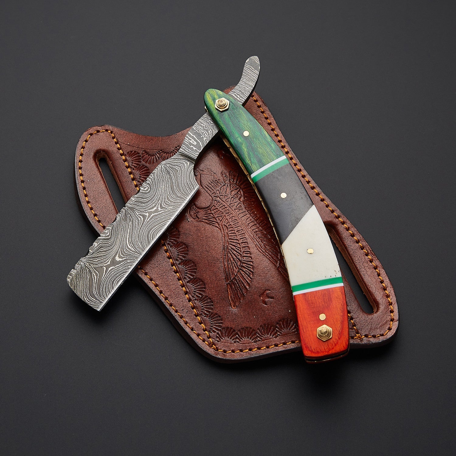 Damascus Steel Straight Razor Folding Knife – Colorful Wooden Handle, Leather Sheath Knives Craft