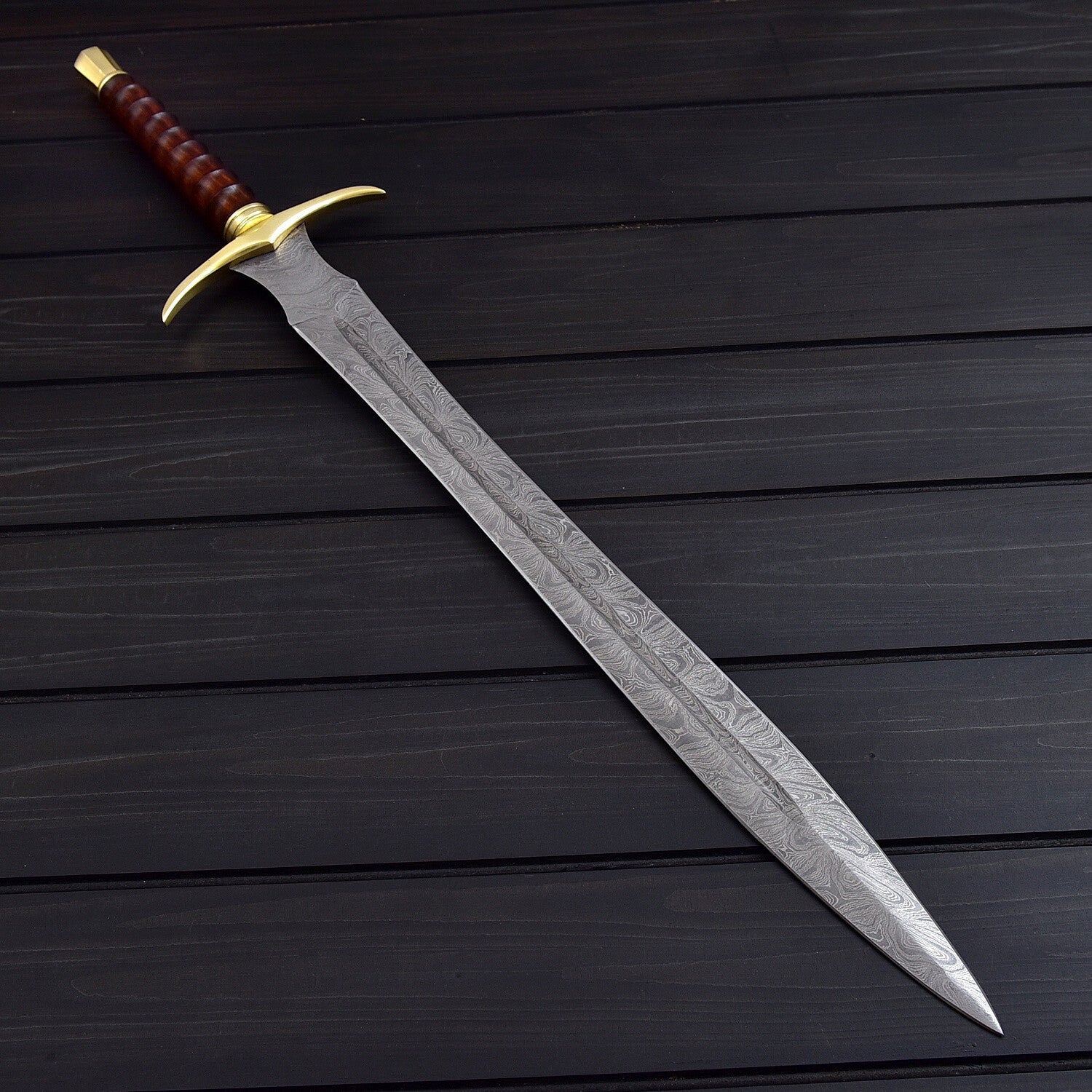 Damascus Steel Sword with Leather Sheath – Handcrafted Medieval Weapon Knives Craft