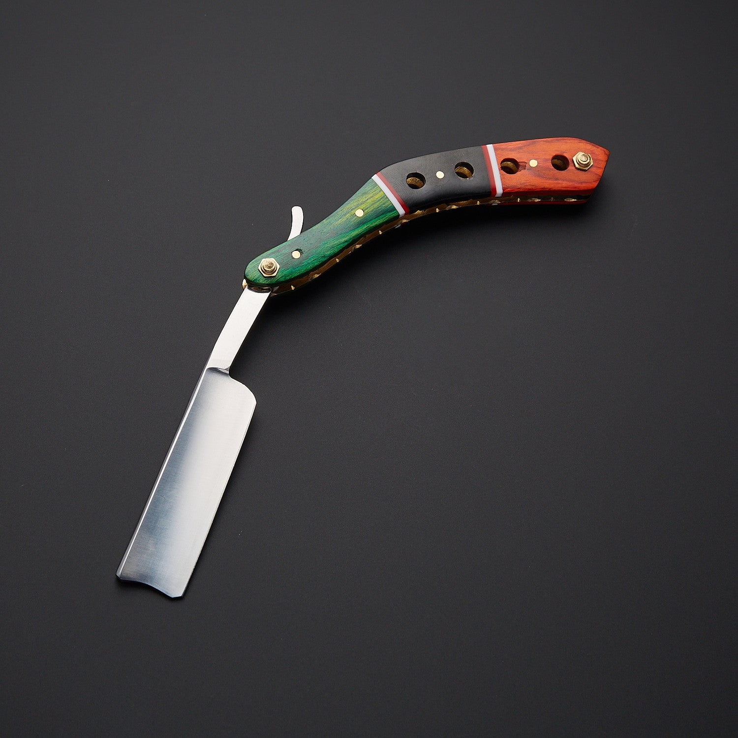Damascus Steel Straight Razor Folding Knife Colorful Wooden Handle, Leather Sheath Knives Craft