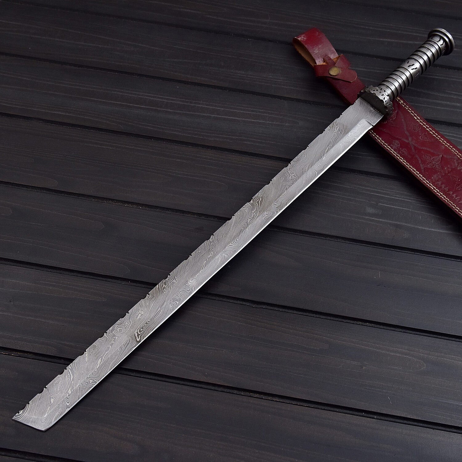 Handmade Damascus Steel Straight Sword with Leather Sheath Knives Craft