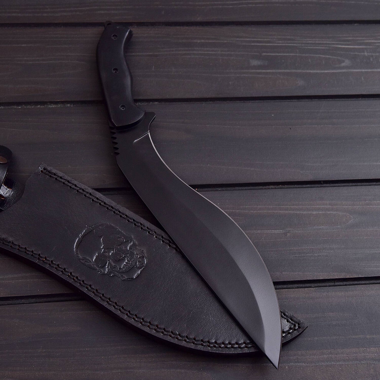 Black Tactical Kukri Knife with Custom Leather Sheath Knives Craft