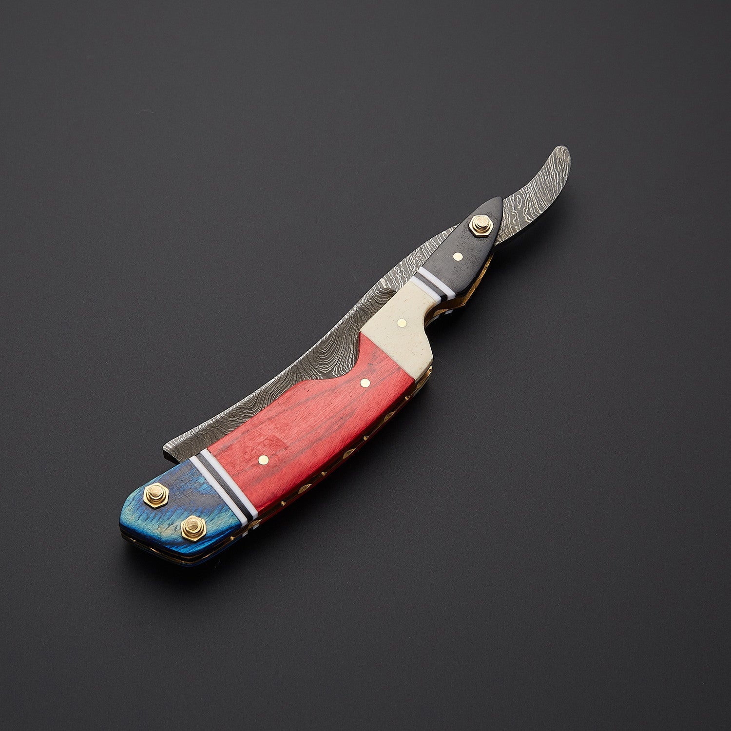 Damascus Steel Straight Razor Folding Knife Colorful Wooden Handle, Leather Sheath Knives Craft
